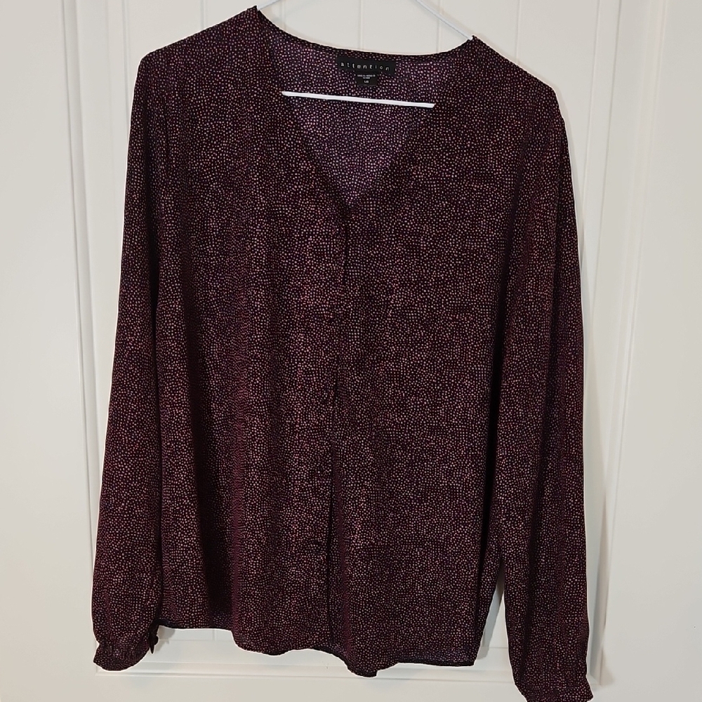 Attention Black and Pink Polka Dot Relaxed Fit Minimalist V Neck Blouse